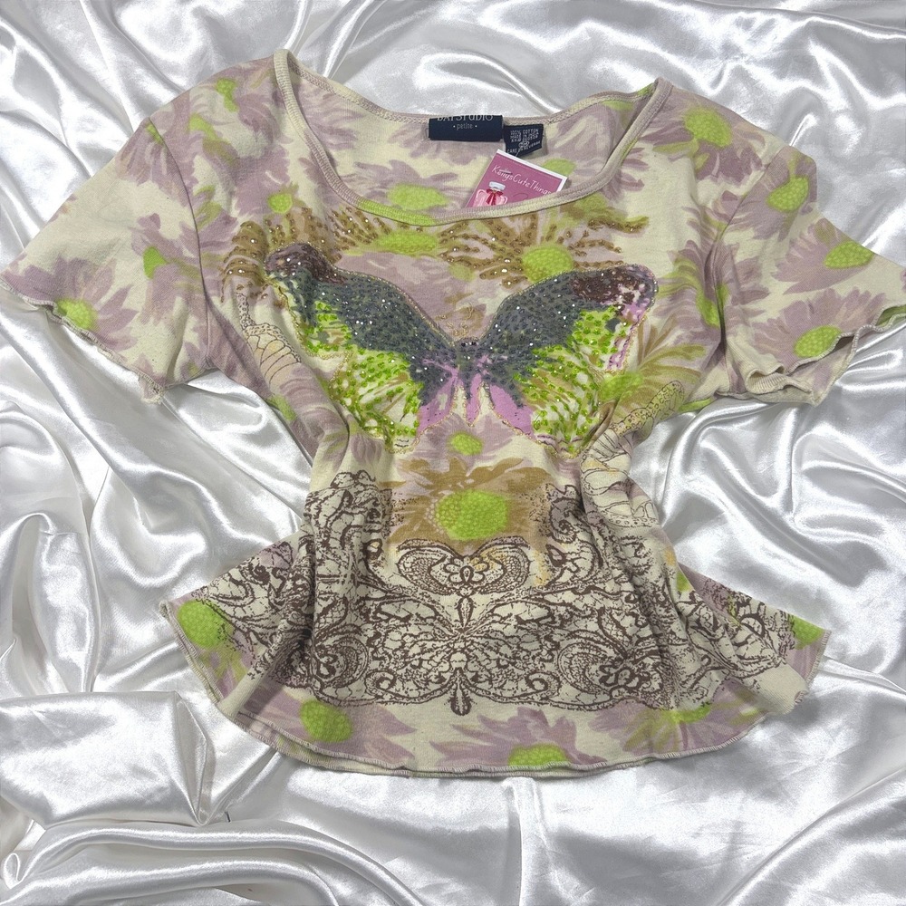 y2k Top Purple Excellent Bay Studio Butterfly Embellished Lettuce Trim Petite PM